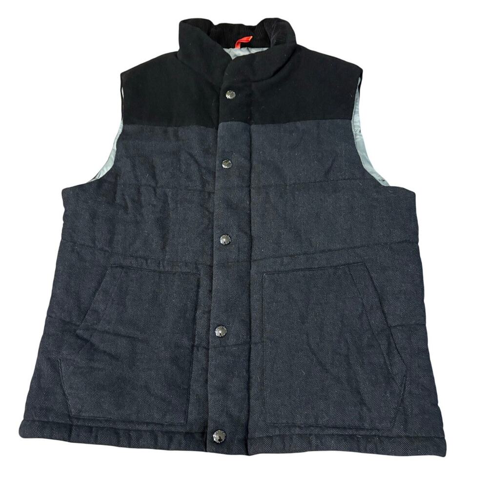 Nautica Vest Sz L Black  Herringbone Button Quilted Sleeveless Jacket Wool Blend